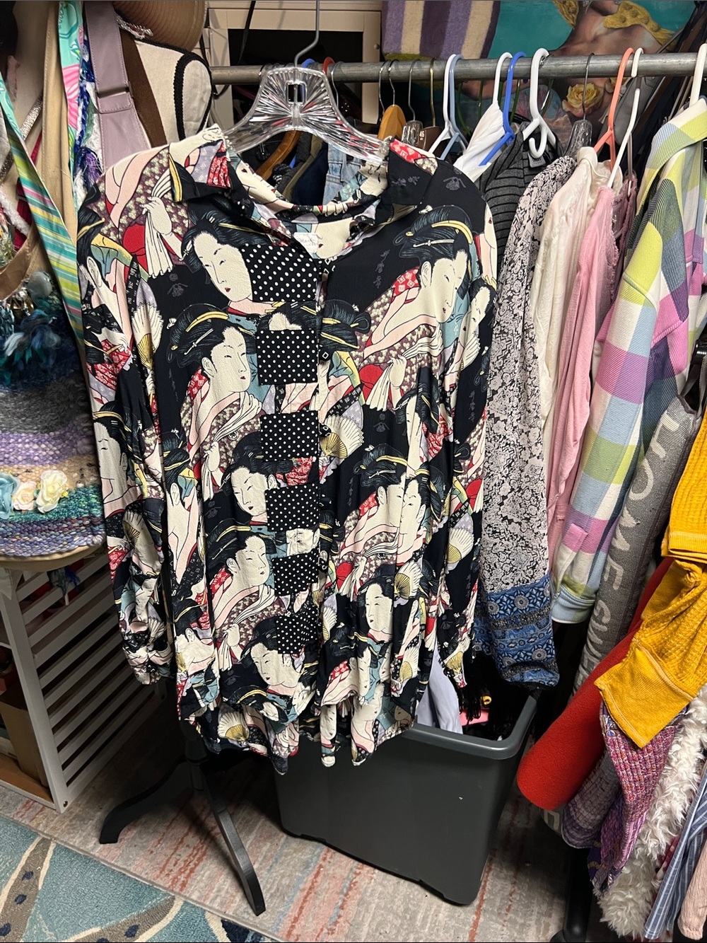 Black Floral-Geisha Print Long Sleeve Blouse